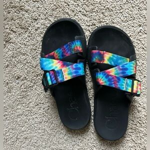 Womens Rainbow Tie Dye Chaco Slides